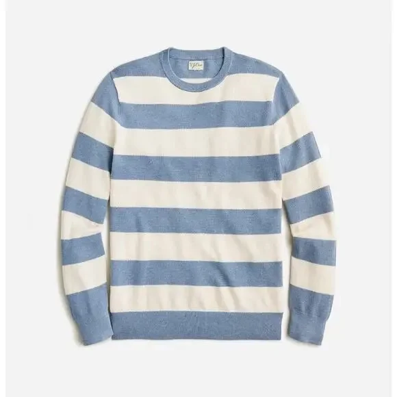 New! J. Crew Blue/White Cotton Piqué-Stitch Crewneck Sweater Large - Picture 2 of 8